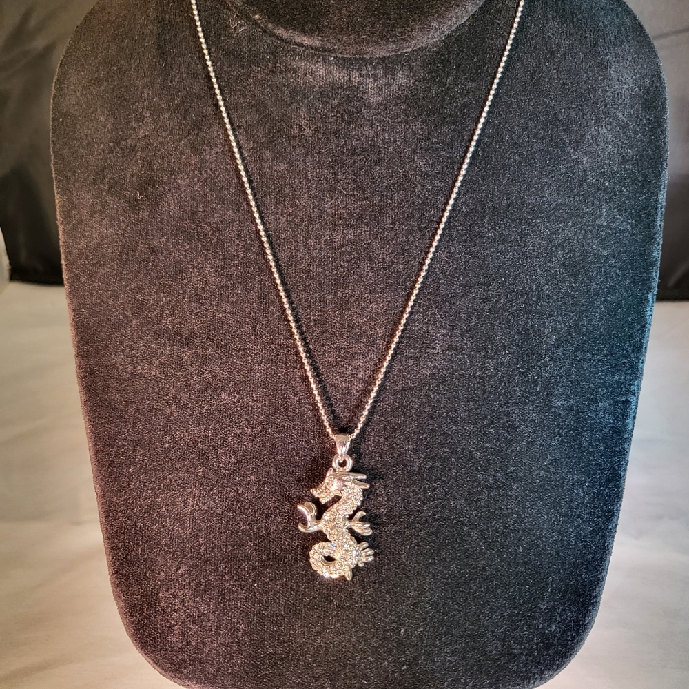 Silver Toned CZ Seahorse/Chinese Dragon Ball Chain Necklace